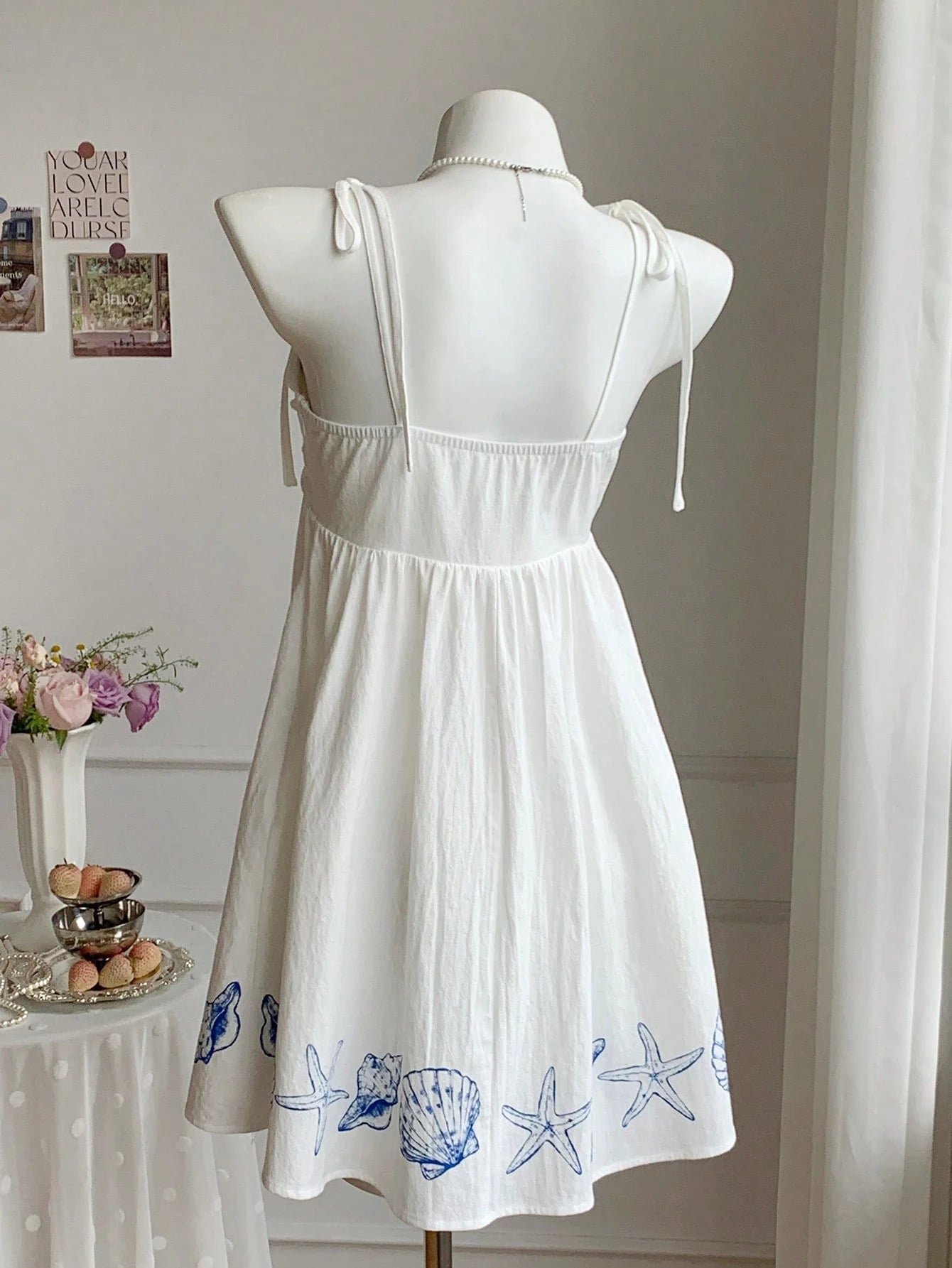 Comfortcana Women's Cotton-Feel Marine Life Spaghetti Strap Bow Mini Dress, White And Blue, Summer, Casual Tropical Sexy Cute, Holiday, Vacation, Beach