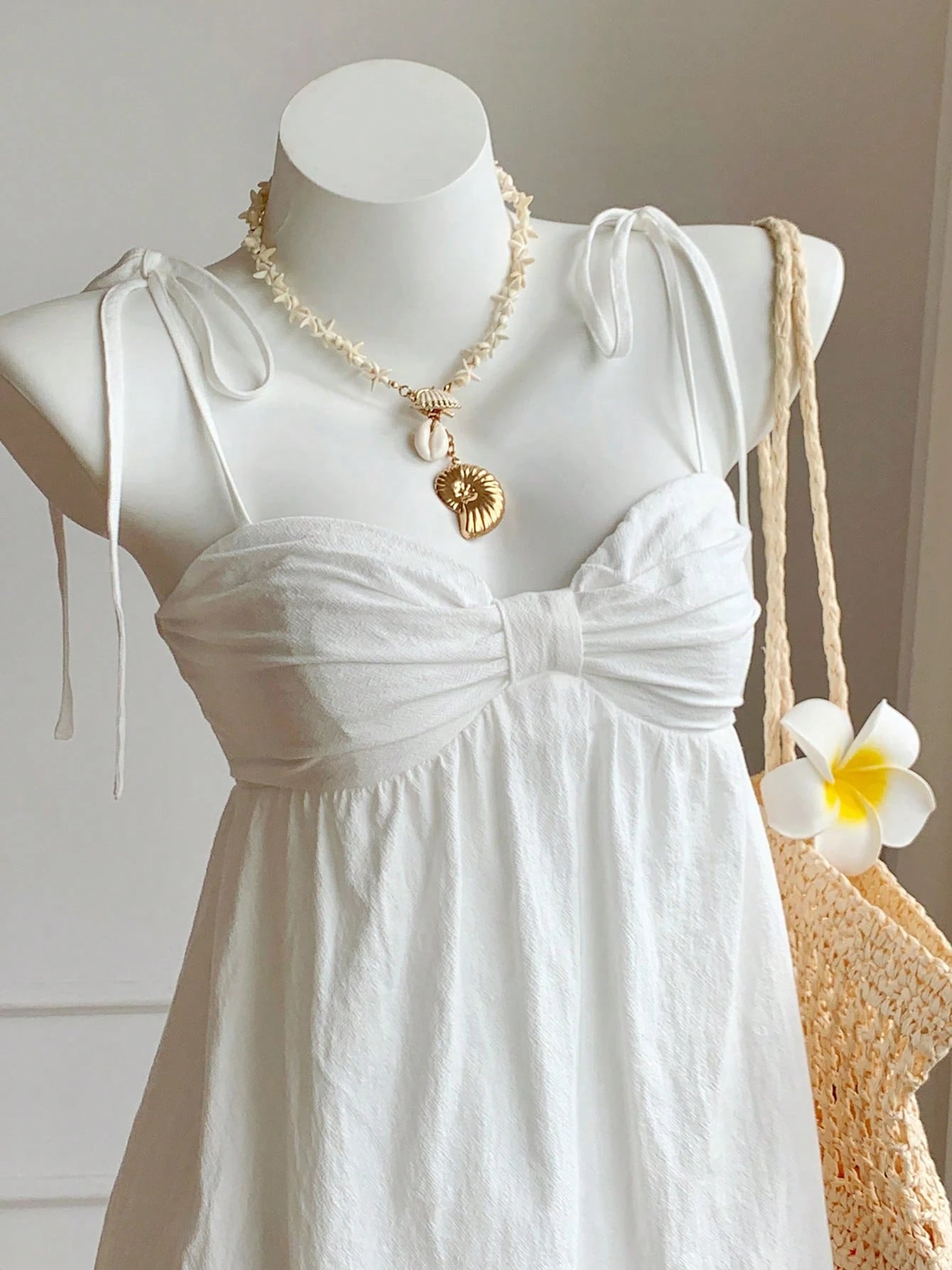 Comfortcana Women's Cotton-Feel Marine Life Spaghetti Strap Bow Mini Dress, White And Blue, Summer, Casual Tropical Sexy Cute, Holiday, Vacation, Beach