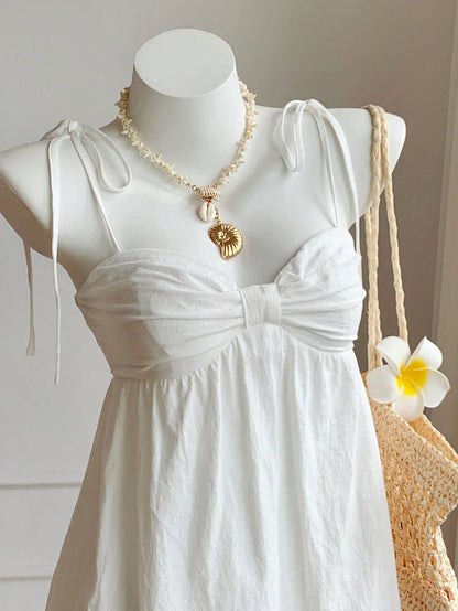 Comfortcana Women's Cotton-Feel Marine Life Spaghetti Strap Bow Mini Dress, White And Blue, Summer, Casual Tropical Sexy Cute, Holiday, Vacation, Beach