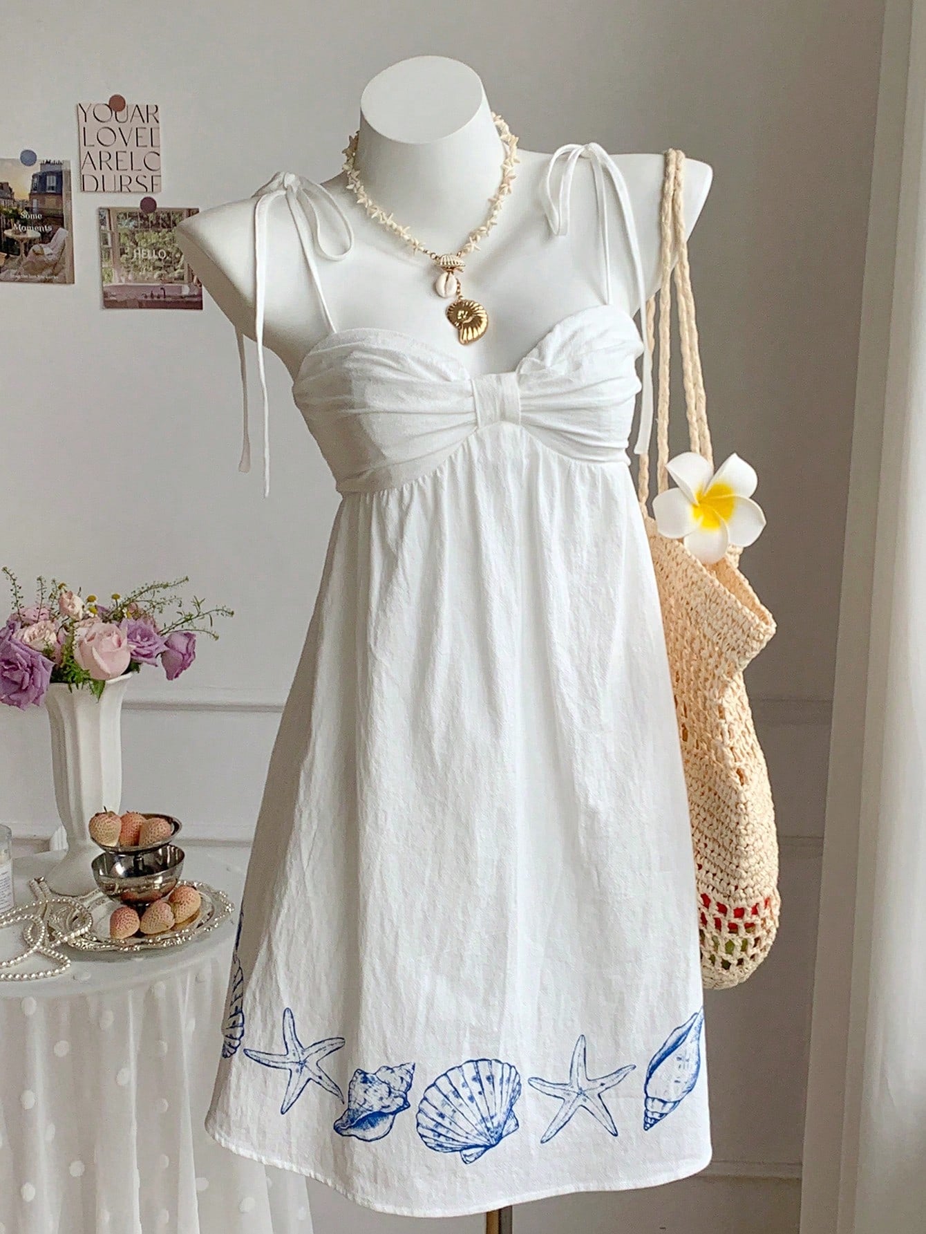 Comfortcana Women's Cotton-Feel Marine Life Spaghetti Strap Bow Mini Dress, White And Blue, Summer, Casual Tropical Sexy Cute, Holiday, Vacation, Beach