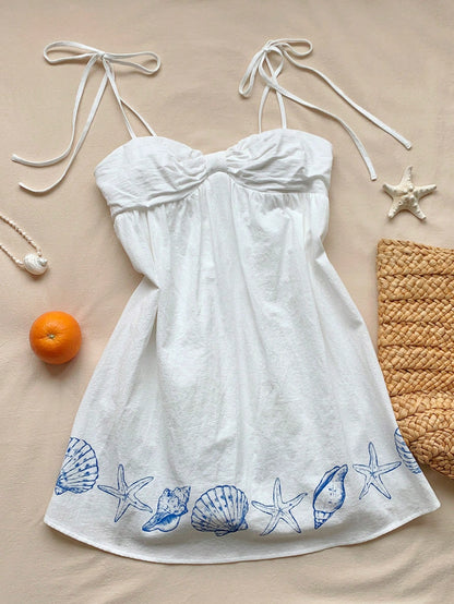 Comfortcana Women's Cotton-Feel Marine Life Spaghetti Strap Bow Mini Dress, White And Blue, Summer, Casual Tropical Sexy Cute, Holiday, Vacation, Beach