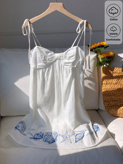 Comfortcana Women's Cotton-Feel Marine Life Spaghetti Strap Bow Mini Dress, White And Blue, Summer, Casual Tropical Sexy Cute, Holiday, Vacation, Beach