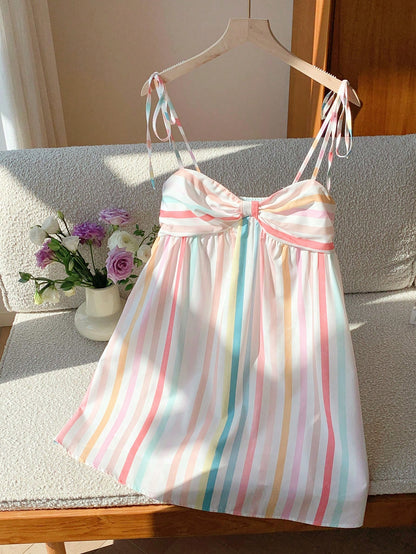 Comfortcana Women's Cotton-Feel Marine Life Spaghetti Strap Bow Mini Dress, White And Blue, Summer, Casual Tropical Sexy Cute, Holiday, Vacation, Beach