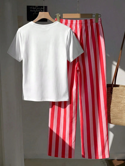 Comfortcana Women's Letter Print Round Neck Short Sleeve T-Shirt And Striped Contrast Color Drawstring Waist Pocket Long Pants 2-Piece Set