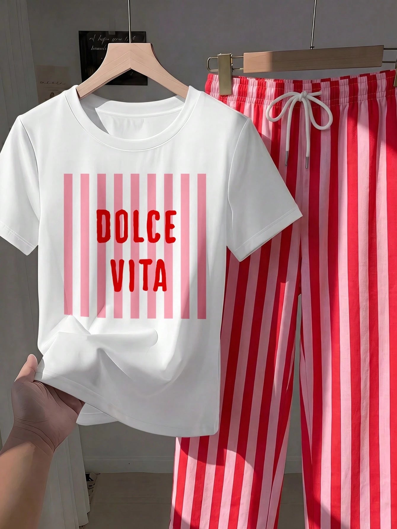 Comfortcana Women's Letter Print Round Neck Short Sleeve T-Shirt And Striped Contrast Color Drawstring Waist Pocket Long Pants 2-Piece Set