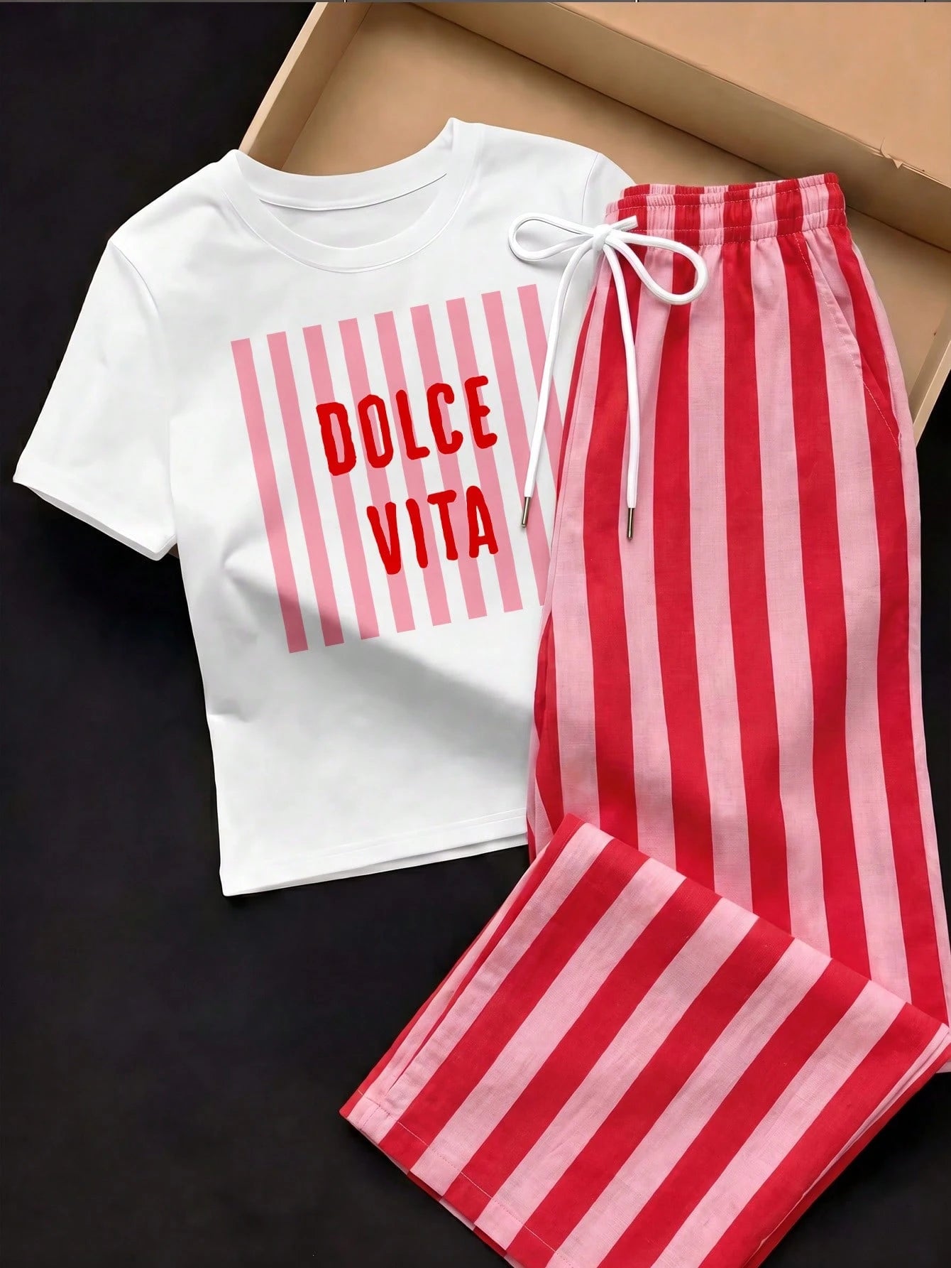 Comfortcana Women's Letter Print Round Neck Short Sleeve T-Shirt And Striped Contrast Color Drawstring Waist Pocket Long Pants 2-Piece Set