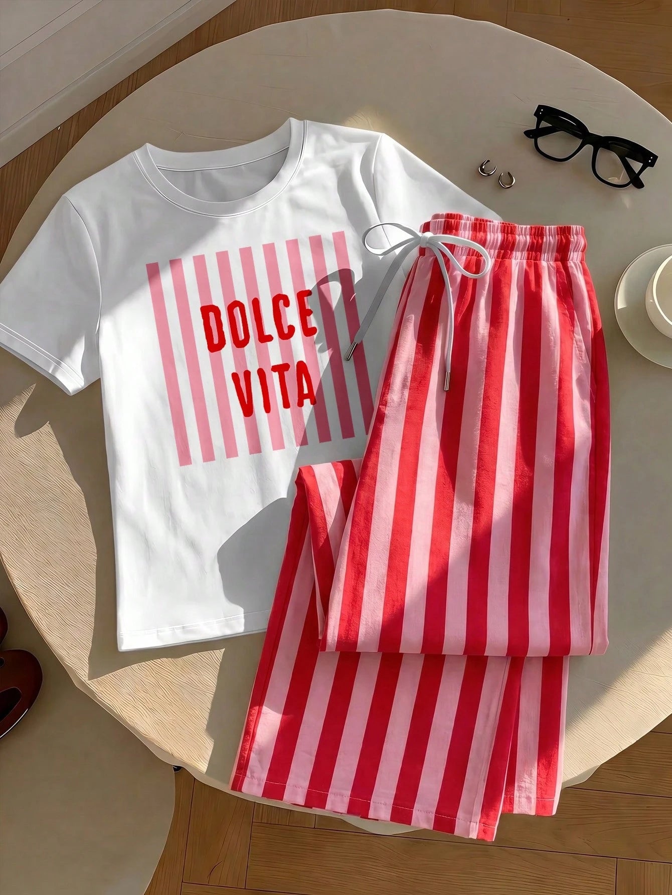 Comfortcana Women's Letter Print Round Neck Short Sleeve T-Shirt And Striped Contrast Color Drawstring Waist Pocket Long Pants 2-Piece Set