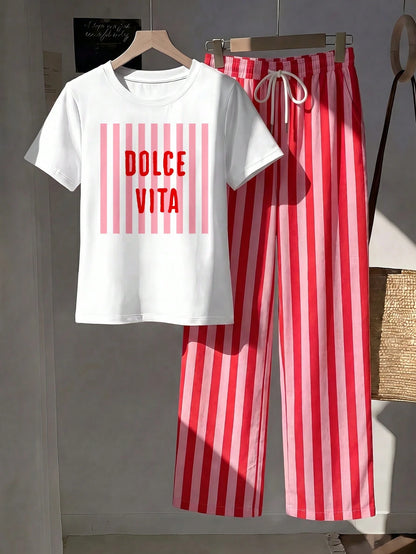 Comfortcana Women's Letter Print Round Neck Short Sleeve T-Shirt And Striped Contrast Color Drawstring Waist Pocket Long Pants 2-Piece Set