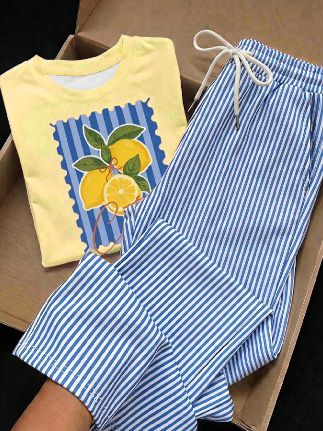 Comfortcana Women's Letter Print Round Neck Short Sleeve T-Shirt And Striped Contrast Color Drawstring Waist Pocket Long Pants 2-Piece Set