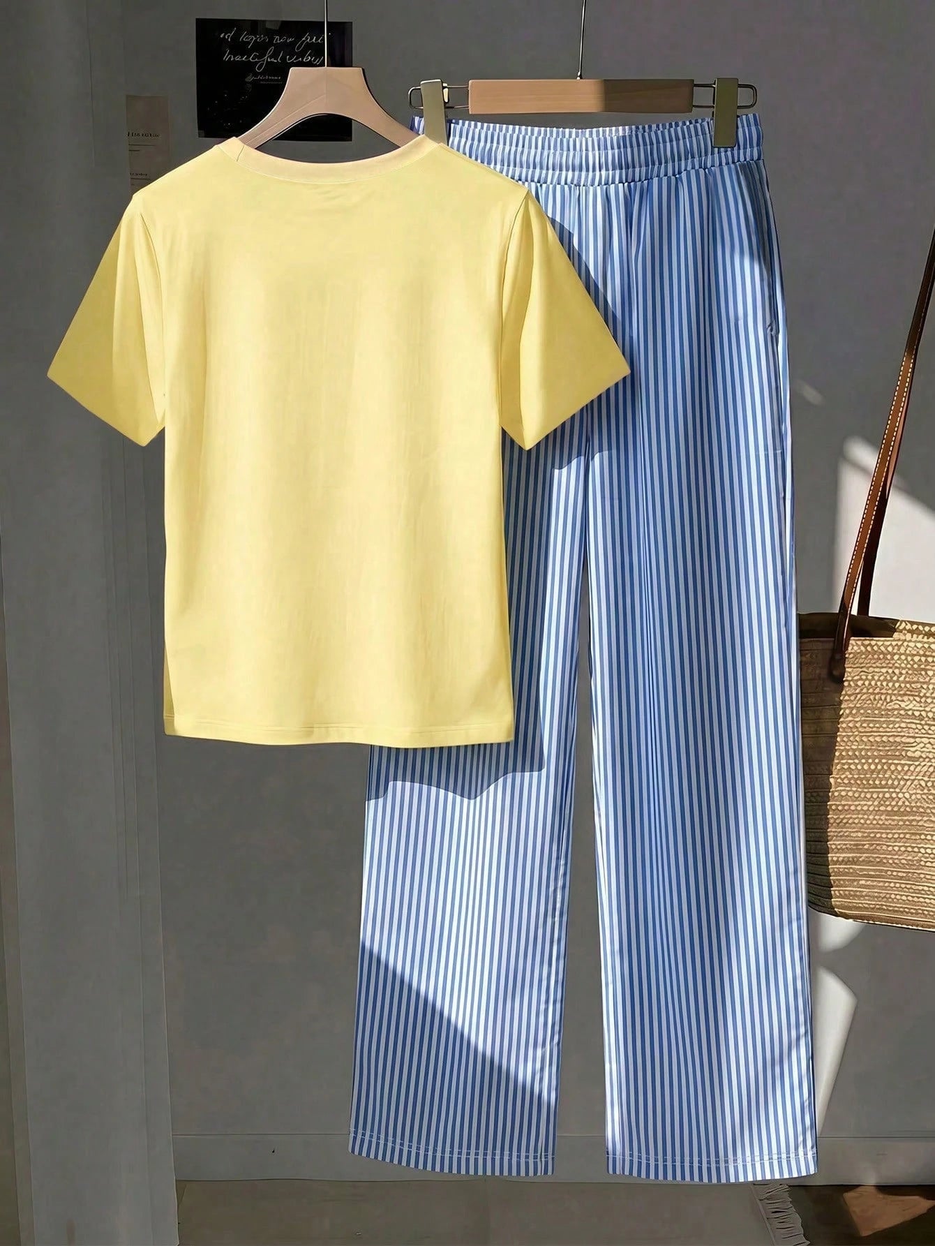 Comfortcana Women's Letter Print Round Neck Short Sleeve T-Shirt And Striped Contrast Color Drawstring Waist Pocket Long Pants 2-Piece Set