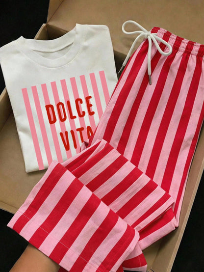 Comfortcana Women's Letter Print Round Neck Short Sleeve T-Shirt And Striped Contrast Color Drawstring Waist Pocket Long Pants 2-Piece Set