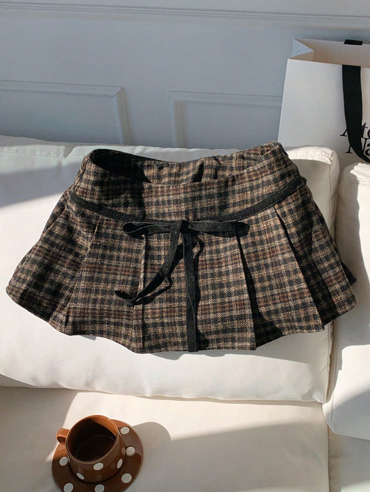 Comfortcana Women's Plaid Pleated Tie Waist Versatile A-Line Skirt