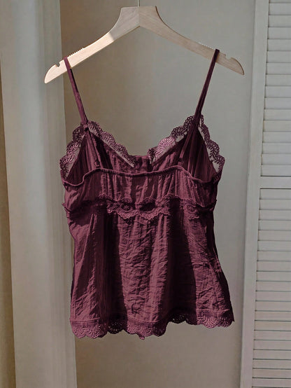 Comfortcana Women's Solid Color Contrast Lace Single-Breasted Camisole Top