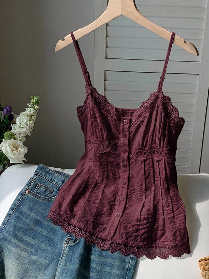 Comfortcana Women's Solid Color Contrast Lace Single-Breasted Camisole Top
