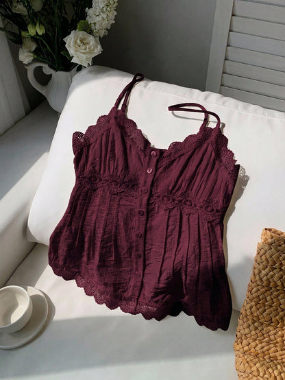 Comfortcana Women's Solid Color Contrast Lace Single-Breasted Camisole Top
