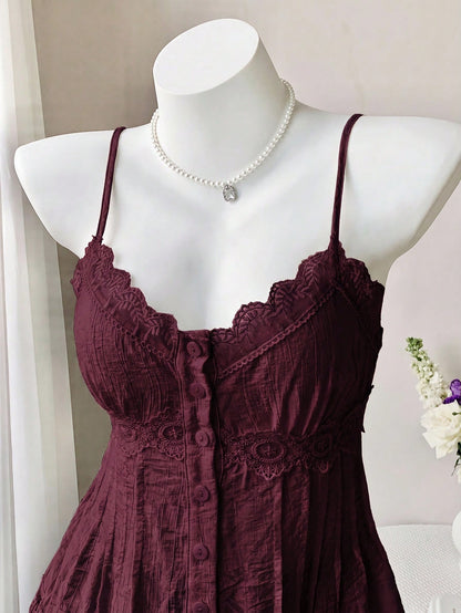 Comfortcana Women's Solid Color Contrast Lace Single-Breasted Camisole Top