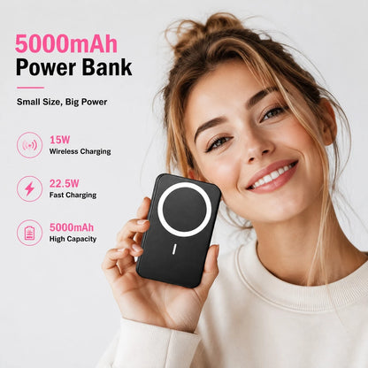 Compact Black 5000mAh Magnetic Wireless Charger, 15W Magnetic Wireless Charging Plus 22.5W USB-C Charging, With LED Battery Display, Compact Everyday Design And Magnetic Hold, For 12 Through 16 Ser