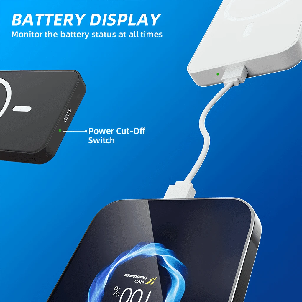 Compact Black 5000mAh Magnetic Wireless Charger, 15W Magnetic Wireless Charging Plus 22.5W USB-C Charging, With LED Battery Display, Compact Everyday Design And Magnetic Hold, For 12 Through 16 Ser