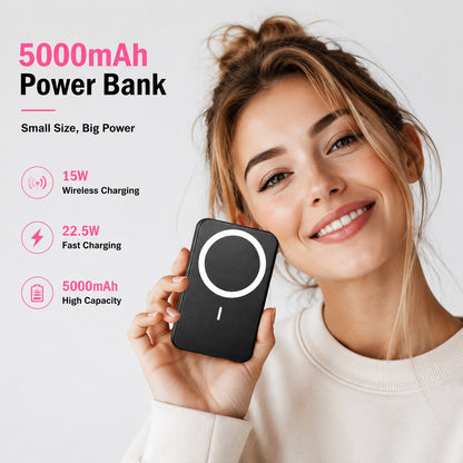 Compact Black 5000mAh Magnetic Wireless Charger, 15W Magnetic Wireless Charging Plus 22.5W USB-C Charging, With LED Battery Display, Compact Everyday Design And Magnetic Hold, For 12 Through 16 Ser