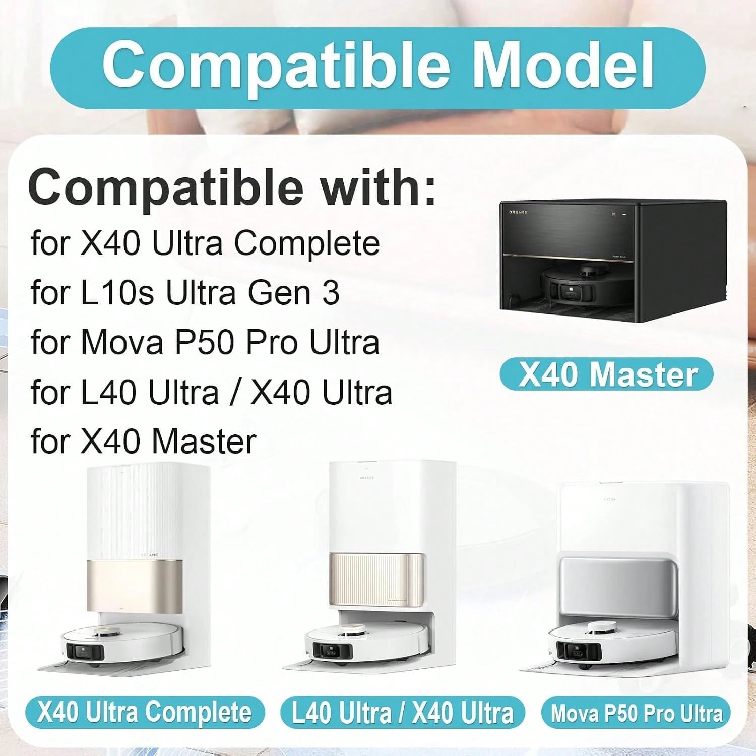 Compatible With L10s Ultra Gen 3, L50 Ultra AE, X40 Ultra Complete, L40 Ultra, Mova P50/P70 Pro Ultra Robot Vacuum, 2 Main Brushes, 4 Filters, 6 Side Brushes, 6 Mop Pads, 4 Dust Bags, 2 Tools