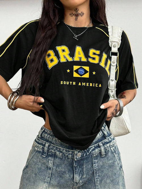 Coolane Women's Men's Plus Size Summer Fall Game Day Festival Sport Y2K Casual Going Out Brunch Date Night Active Office Cotton Brazil T-Shirt Black