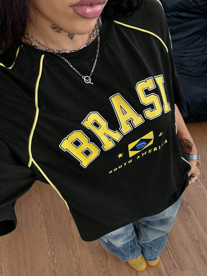 Coolane Women's Men's Plus Size Summer Fall Game Day Festival Sport Y2K Casual Going Out Brunch Date Night Active Office Cotton Brazil T-Shirt Black