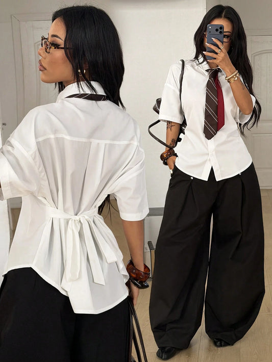 Coolane Women's Spring/Summer Streetwear Casual Back To School Vintage Preppy Business Office Wear Basic Chic Straps Ruched White Oversized Slim Fit Shirts