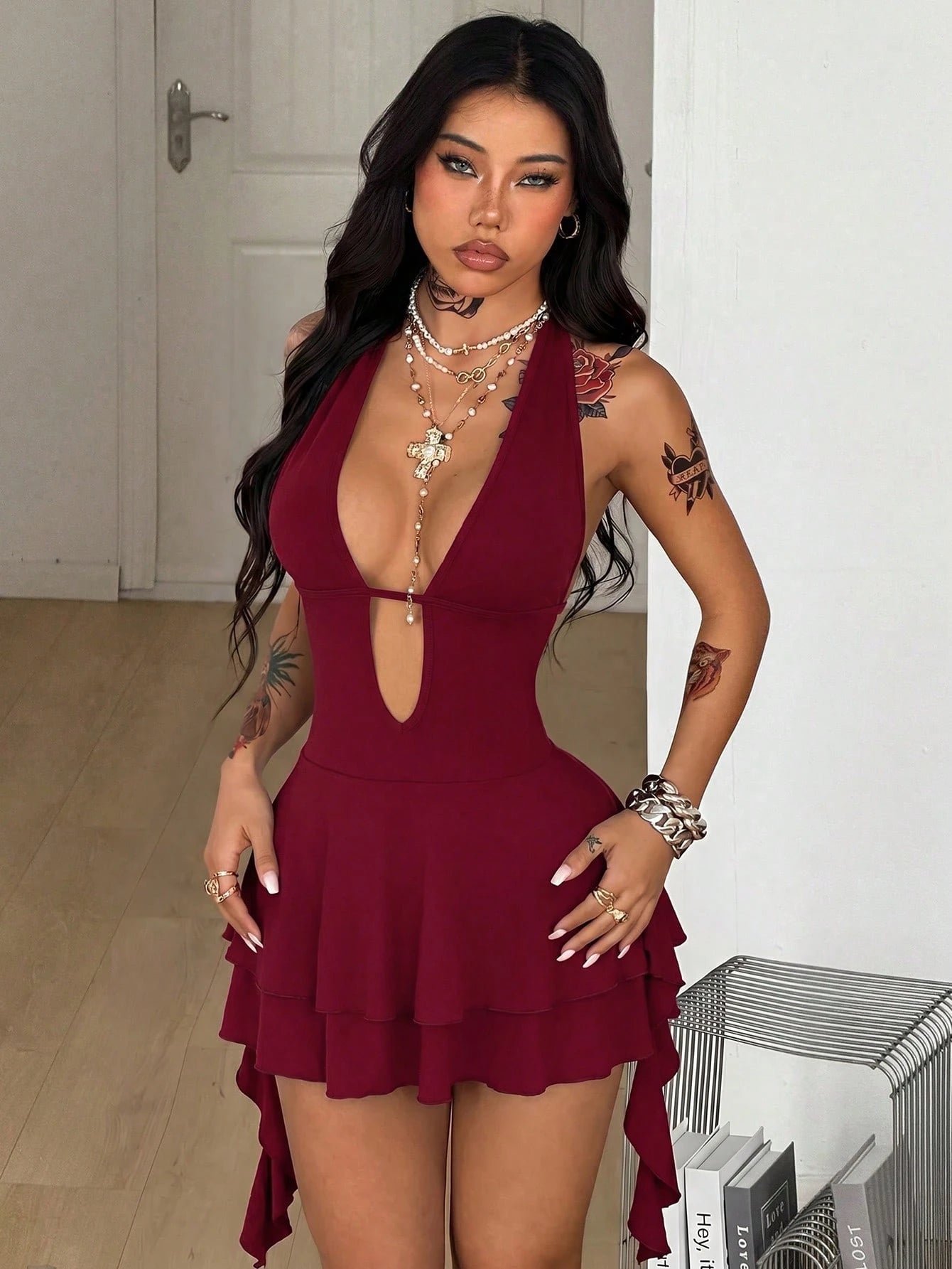 Coolane Women's Summer Party Club Night Y2K Holiday Vacation Concert Festival Stretchy Bustier Backless Deep V-Neck Ruffle Fringe Burgundy Mini Dress