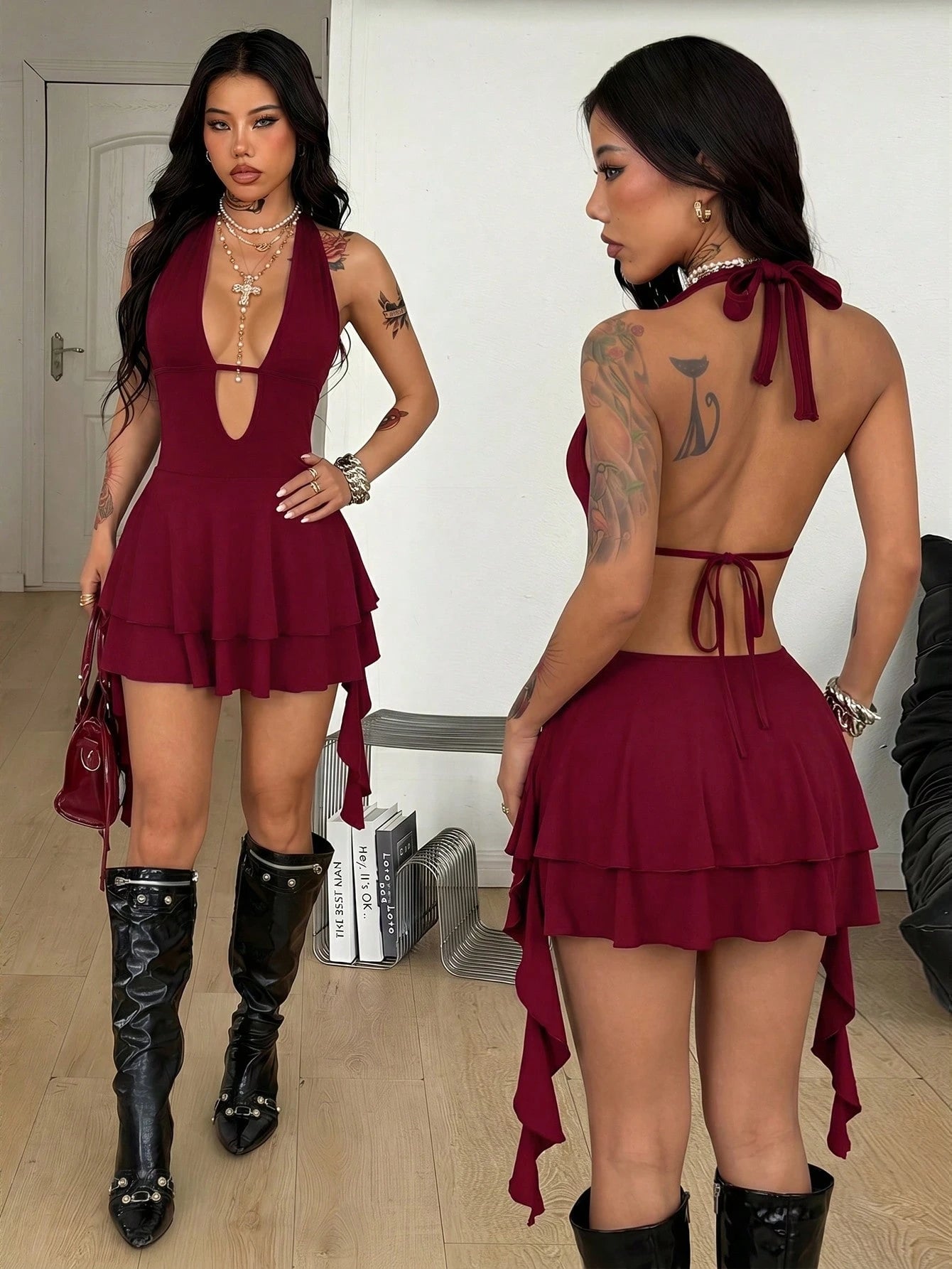 Coolane Women's Summer Party Club Night Y2K Holiday Vacation Concert Festival Stretchy Bustier Backless Deep V-Neck Ruffle Fringe Burgundy Mini Dress
