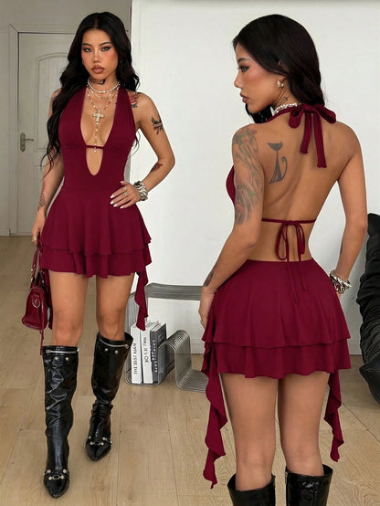 Coolane Women's Summer Party Club Night Y2K Holiday Vacation Concert Festival Stretchy Bustier Backless Deep V-Neck Ruffle Fringe Burgundy Mini Dress