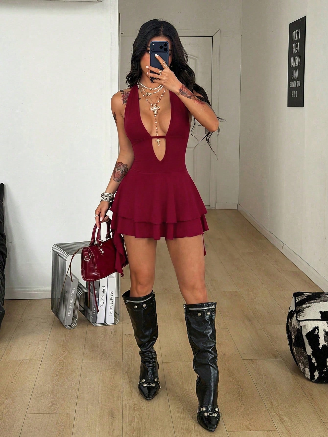 Coolane Women's Summer Party Club Night Y2K Holiday Vacation Concert Festival Stretchy Bustier Backless Deep V-Neck Ruffle Fringe Burgundy Mini Dress