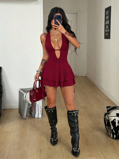 Coolane Women's Summer Party Club Night Y2K Holiday Vacation Concert Festival Stretchy Bustier Backless Deep V-Neck Ruffle Fringe Burgundy Mini Dress