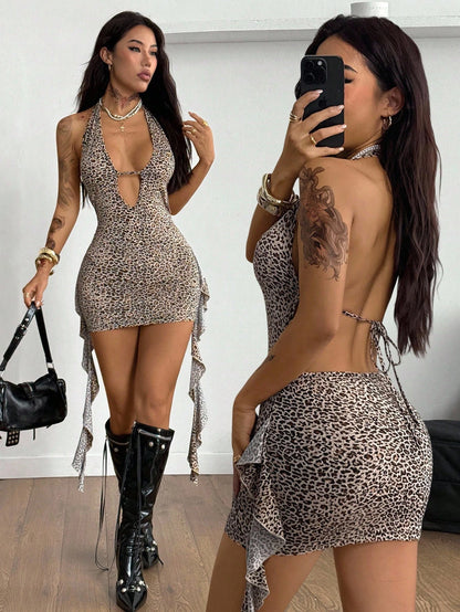 Coolane Women's Summer Y2K Sexy Western Wear Hot Girl Vacation Outfits Halter Backless Black Mini Dress Club Night Out