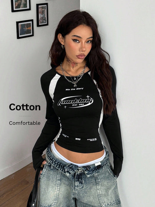 Coolane Women's Winter/Fall Streetwear Casual Game Day Preppy Back To School Casual Cotton Color-Blocked Black Round Neck Long Sleeve Tees,Black Top