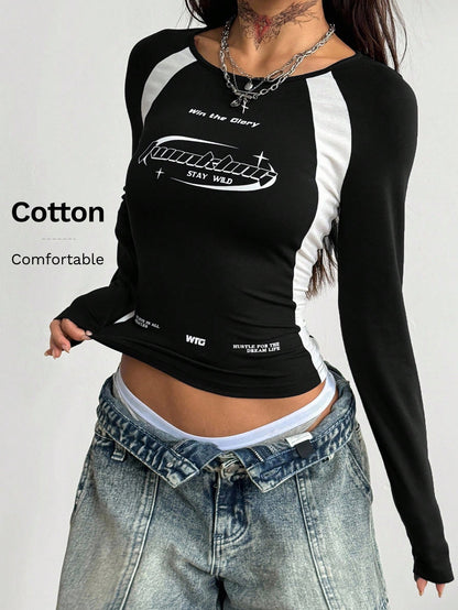 Coolane Women's Winter/Fall Streetwear Casual Game Day Preppy Back To School Casual Cotton Color-Blocked Black Round Neck Long Sleeve Tees,Black Top