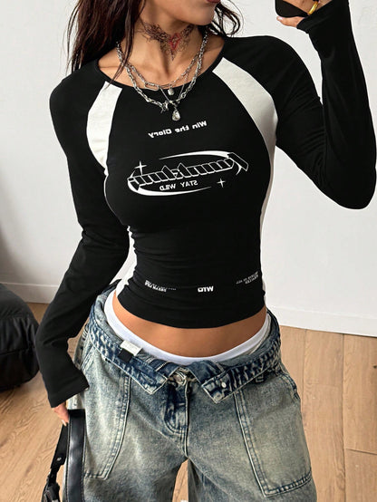 Coolane Women's Winter/Fall Streetwear Casual Game Day Preppy Back To School Casual Cotton Color-Blocked Black Round Neck Long Sleeve Tees,Black Top