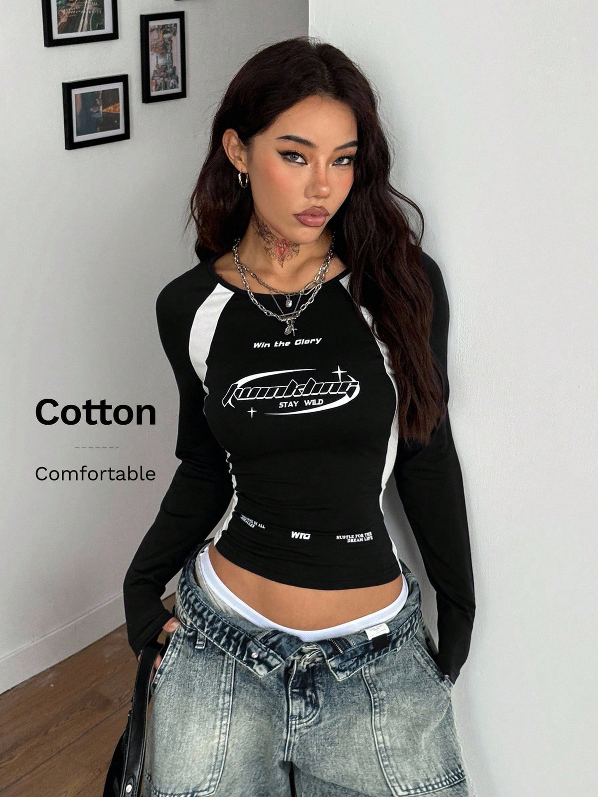 Coolane Women's Winter/Fall Streetwear Casual Game Day Preppy Back To School Casual Cotton Color-Blocked Black Round Neck Long Sleeve Tees,Black Top
