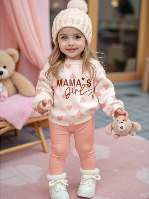 Coral Pink, Cute Heart Letter Mama'girl❤, Baby Girl Casual Comfortable Soft Thickened Warm Crew Neck Long Sleeve Sweatshirt Leggings Suitable For Autumn/Winter Daily, Cozy Season, Stylish Baby Girl