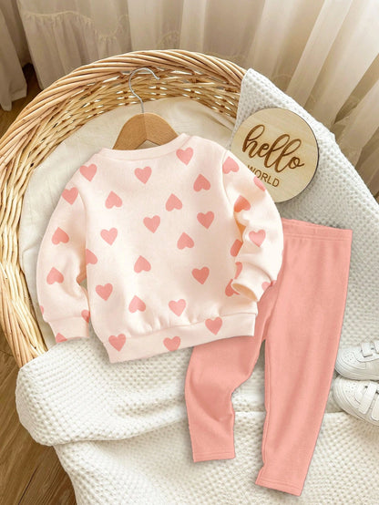 Coral Pink, Cute Heart Letter Mama'girl❤, Baby Girl Casual Comfortable Soft Thickened Warm Crew Neck Long Sleeve Sweatshirt Leggings Suitable For Autumn/Winter Daily, Cozy Season, Stylish Baby Girl