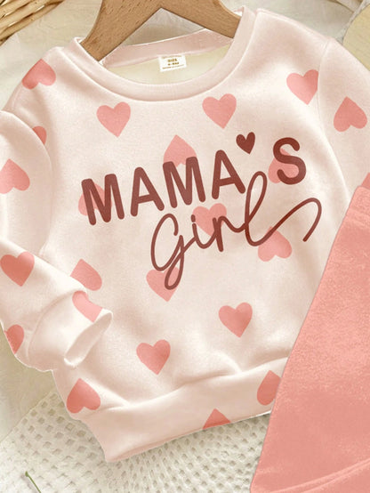 Coral Pink, Cute Heart Letter Mama'girl❤, Baby Girl Casual Comfortable Soft Thickened Warm Crew Neck Long Sleeve Sweatshirt Leggings Suitable For Autumn/Winter Daily, Cozy Season, Stylish Baby Girl