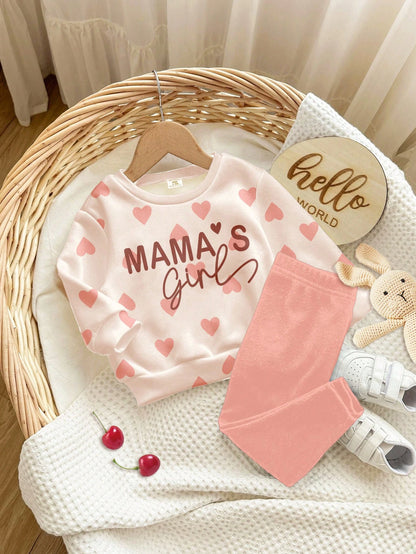 Coral Pink, Cute Heart Letter Mama'girl❤, Baby Girl Casual Comfortable Soft Thickened Warm Crew Neck Long Sleeve Sweatshirt Leggings Suitable For Autumn/Winter Daily, Cozy Season, Stylish Baby Girl