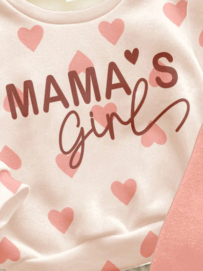 Coral Pink, Cute Heart Letter Mama'girl❤, Baby Girl Casual Comfortable Soft Thickened Warm Crew Neck Long Sleeve Sweatshirt Leggings Suitable For Autumn/Winter Daily, Cozy Season, Stylish Baby Girl