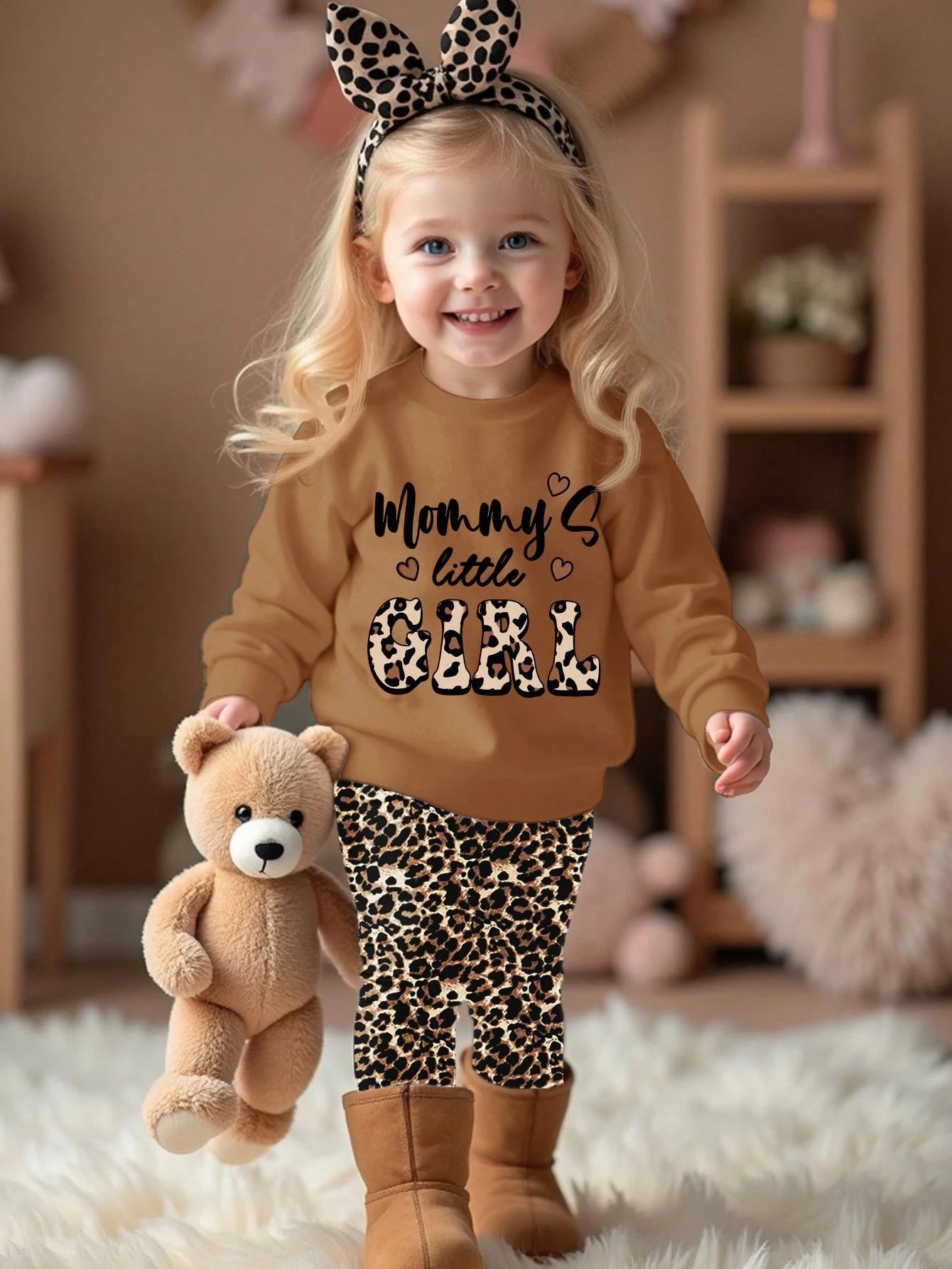 Coral Pink, Cute Heart Letter Mama'girl❤, Baby Girl Casual Comfortable Soft Thickened Warm Crew Neck Long Sleeve Sweatshirt Leggings Suitable For Autumn/Winter Daily, Cozy Season, Stylish Baby Girl