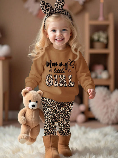 Coral Pink, Cute Heart Letter Mama'girl❤, Baby Girl Casual Comfortable Soft Thickened Warm Crew Neck Long Sleeve Sweatshirt Leggings Suitable For Autumn/Winter Daily, Cozy Season, Stylish Baby Girl