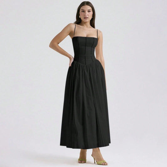 Corset Bustier Midi Dress Set, Spaghetti Strap & Puff Sleeve White Floral Sundress, A-Line Casual & Formal Gown