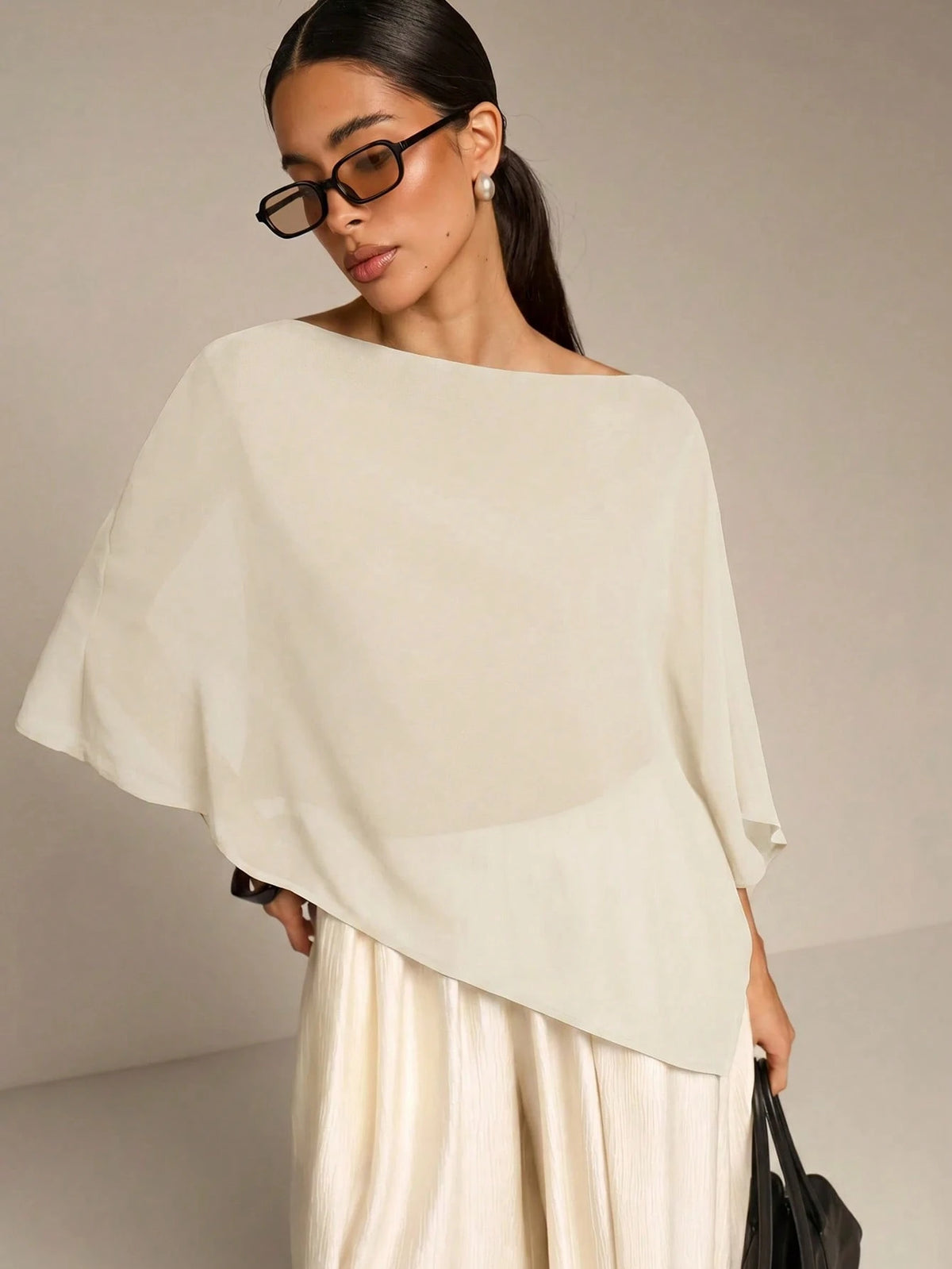 COSMINA Solid Color Casual Versatile Daily Asymmetrical Hem Blouse, Summer Sun Protection, Shawl Collar Blouse, Summer, Versatile