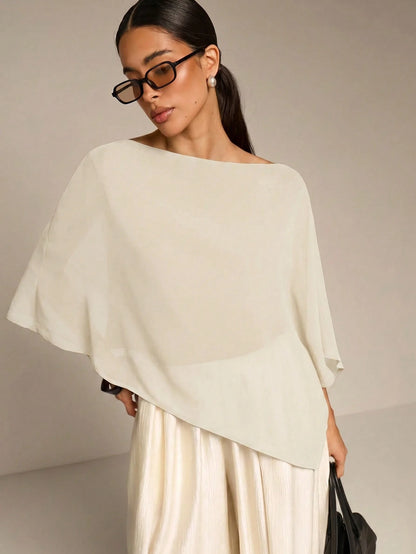 COSMINA Solid Color Casual Versatile Daily Asymmetrical Hem Blouse, Summer Sun Protection, Shawl Collar Blouse, Summer, Versatile