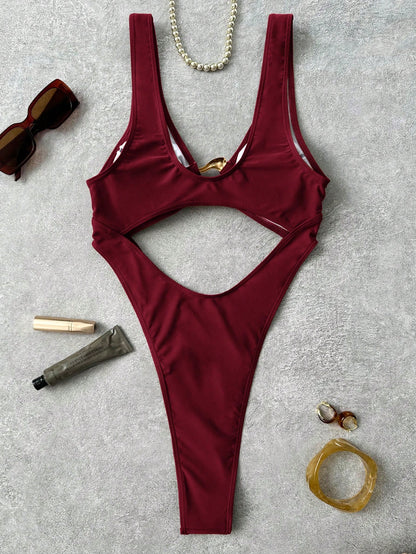 Costavie Solid Color Thick Strap Hollow Front Fashionable Bestselling Asymmetric Decor Sexy Vacation One-Piece Swimsuit