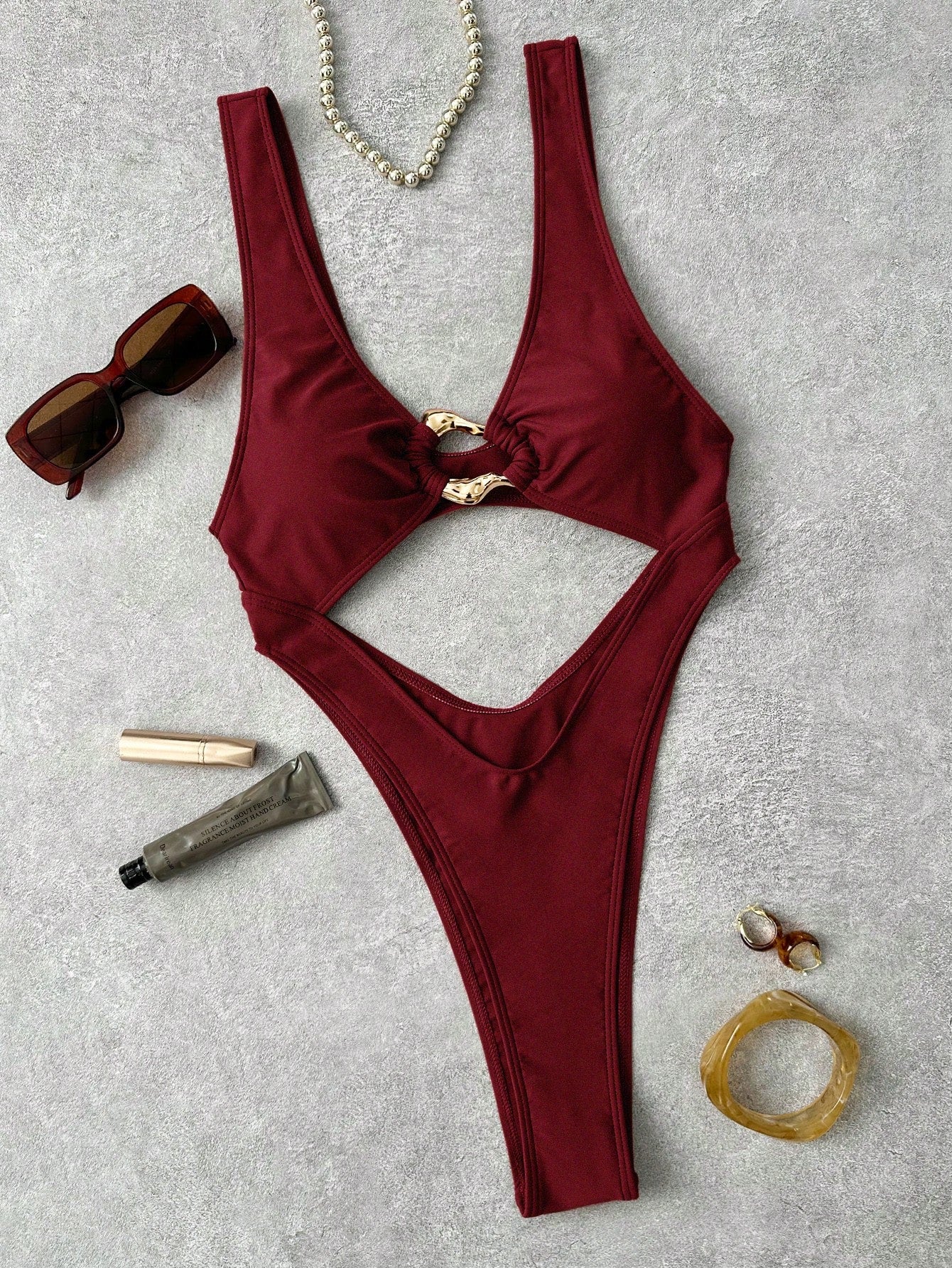 Costavie Solid Color Thick Strap Hollow Front Fashionable Bestselling Asymmetric Decor Sexy Vacation One-Piece Swimsuit