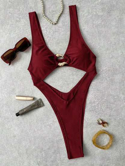 Costavie Solid Color Thick Strap Hollow Front Fashionable Bestselling Asymmetric Decor Sexy Vacation One-Piece Swimsuit